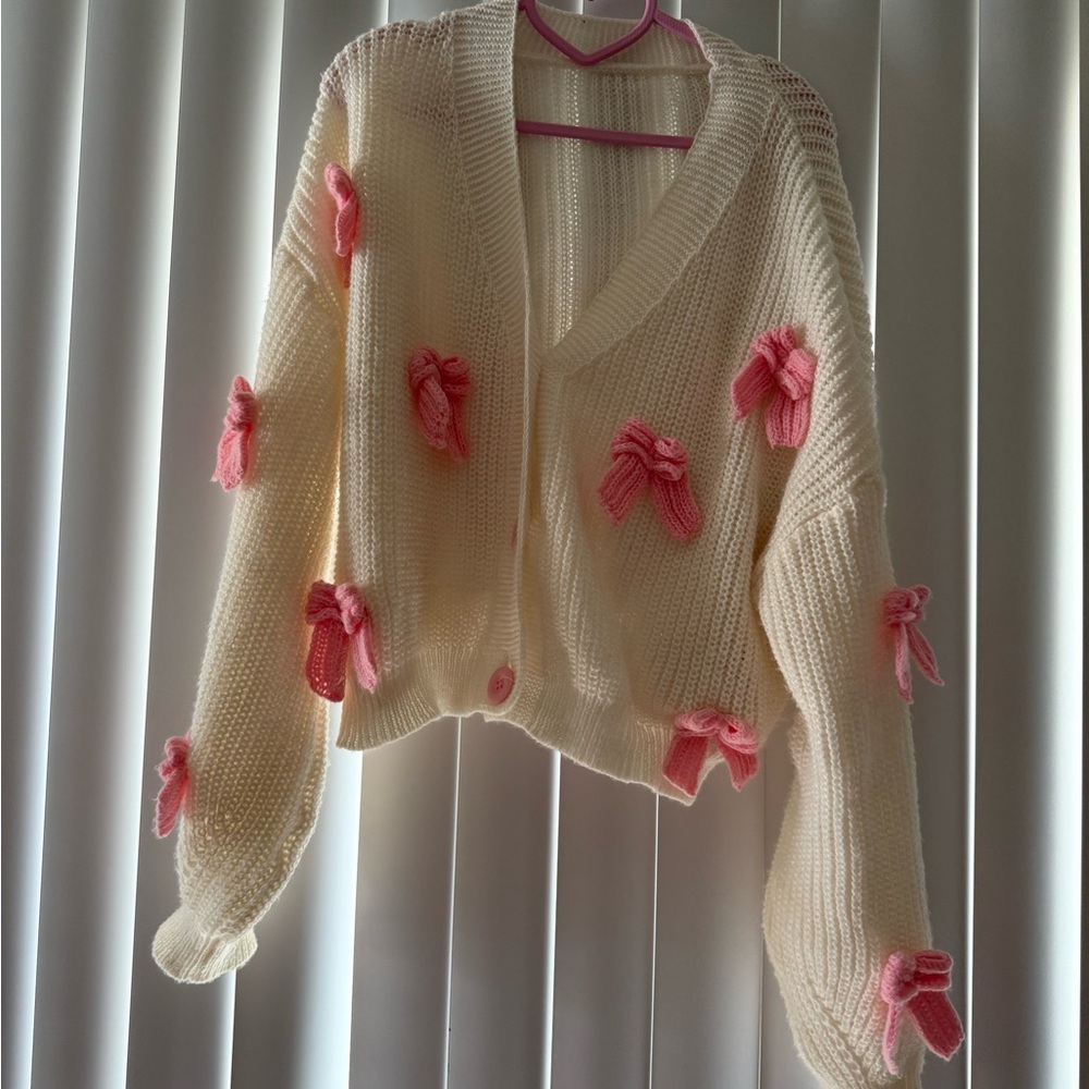 Cozy Cream Cardigan with Pink Accents